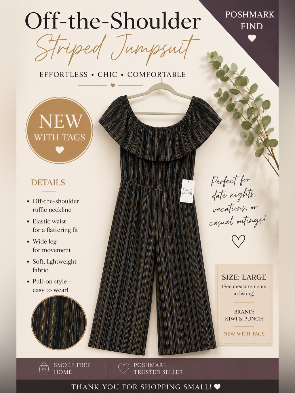 Kiwi & Punch Off-The-Shoulder Striped Jumpsuit In Black With Metallic Stripes
